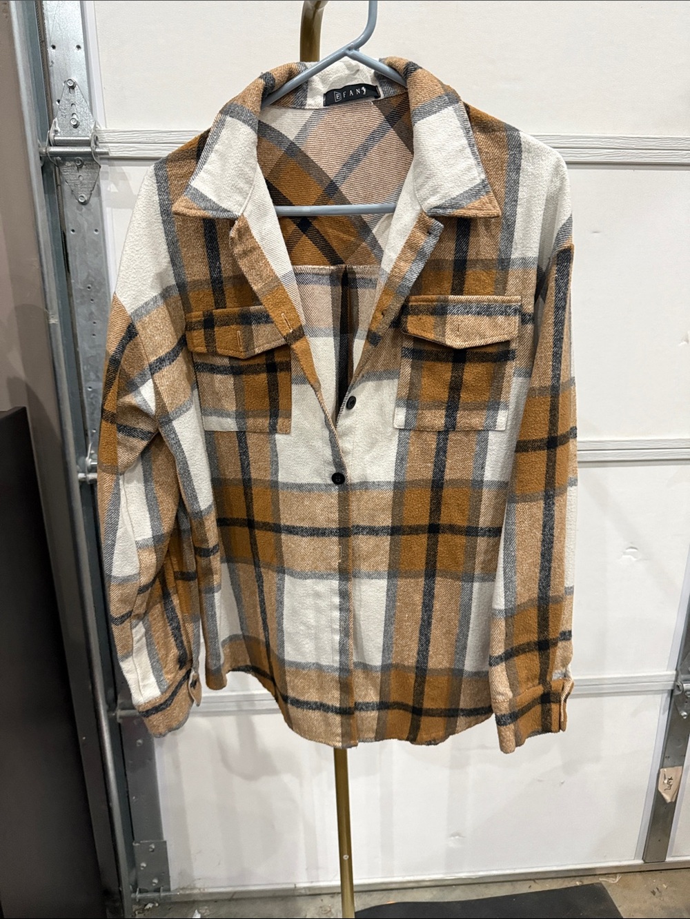 Branded Plaid Button-Down Shirt Jacket - Camel/White/Gray